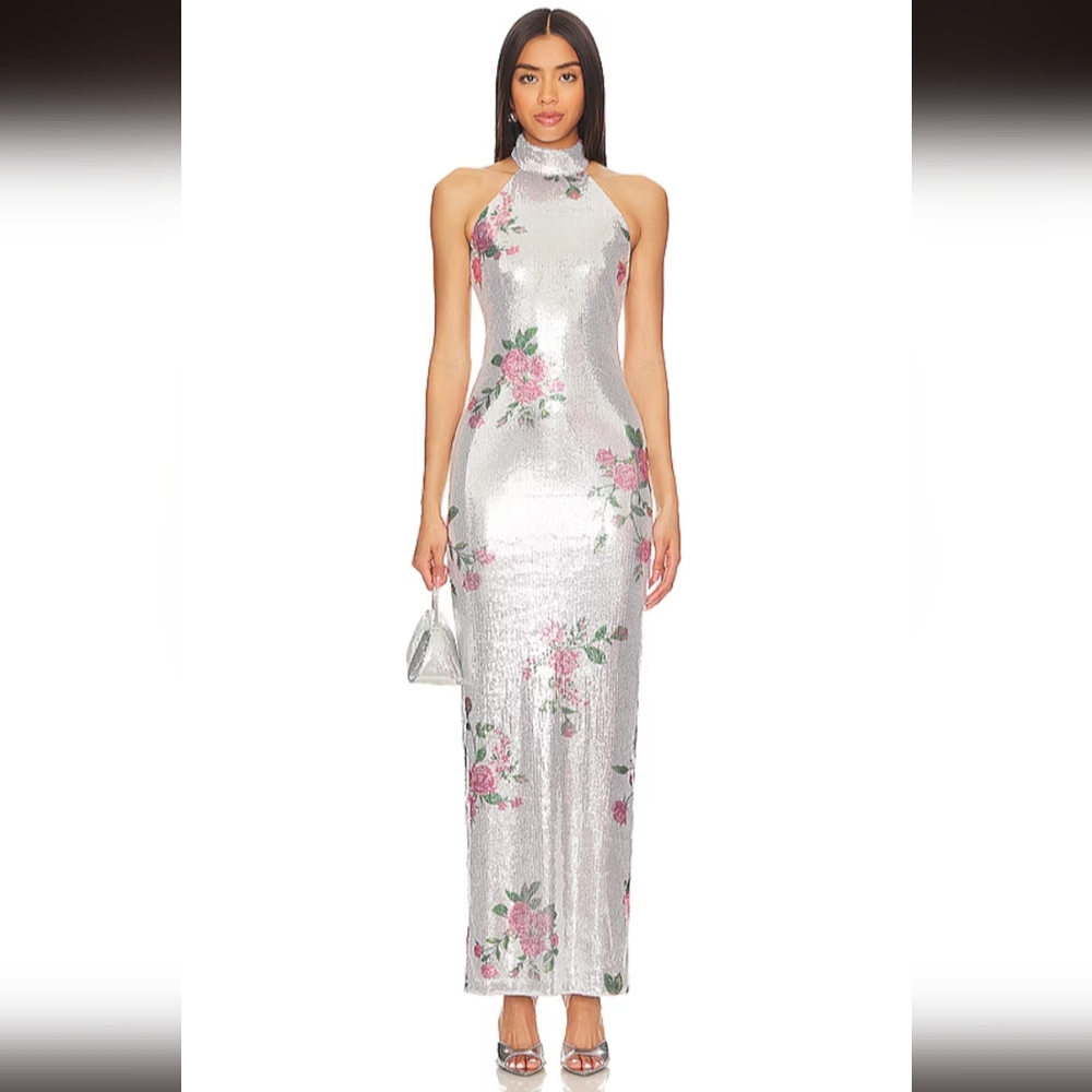 Camila Coelho Luiza Sequin Maxi Dress in Silver Floral